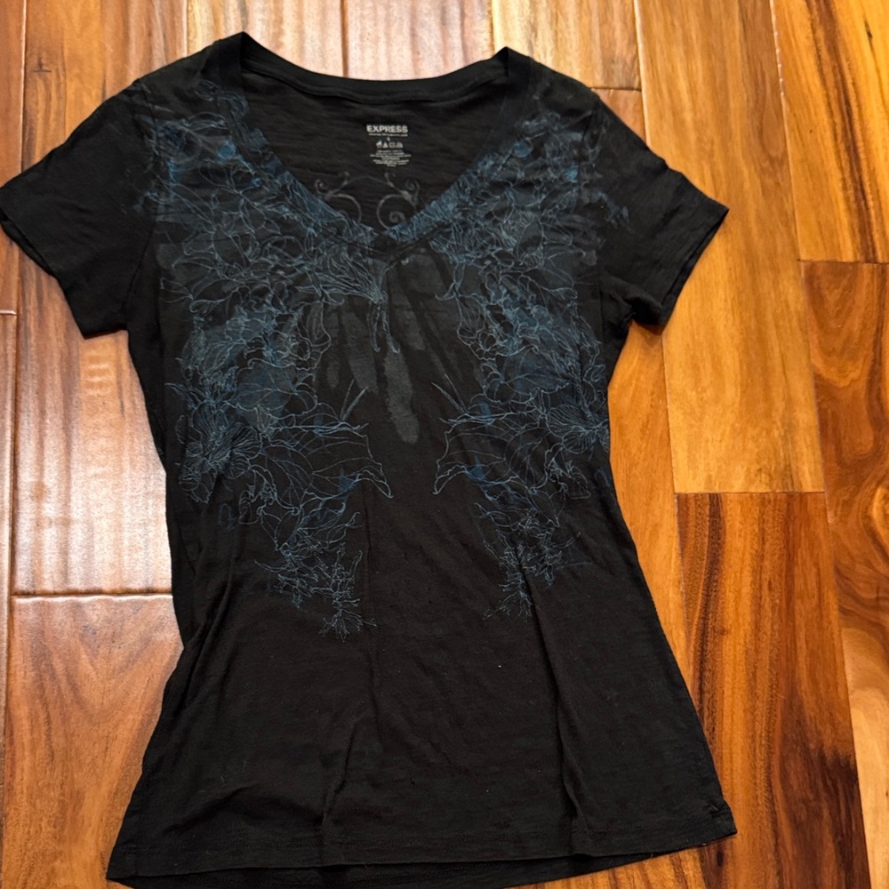 Express Black and Blue Embroidered V-Neck Tee